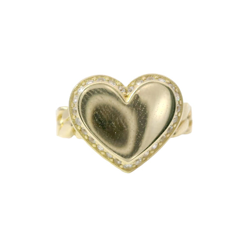 14KT Gold Ring Women's Engravable Heart White CZ Stones Border and Cuban Link Band
