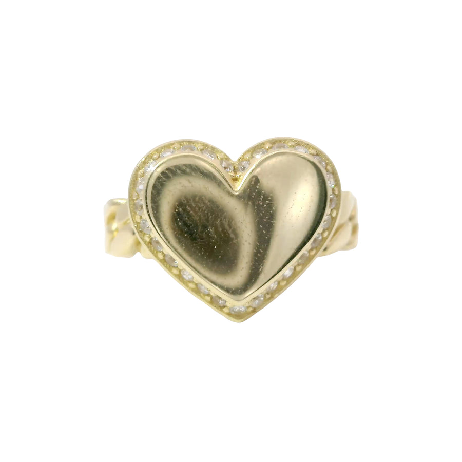 14KT Gold Ring Women's Engravable Heart White CZ Stones Border and Cuban Link Band