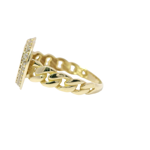 14KT Gold Ring Women's Engravable Heart White CZ Stones Border and Cuban Link Band