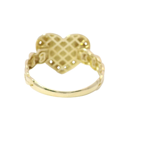 14KT Gold Ring Women's Engravable Heart White CZ Stones Border and Cuban Link Band