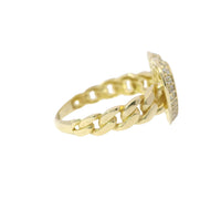 14KT Gold Ring Women's Engravable Heart White CZ Stones Border and Cuban Link Band