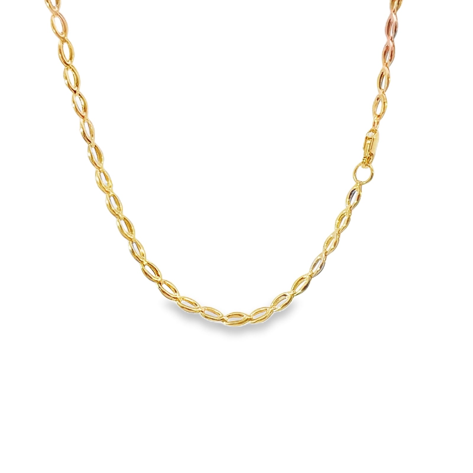 14KT Gold Chain Hollow Tri Tone Fancy Oval Shackle Link with Plain Clasp 3mm