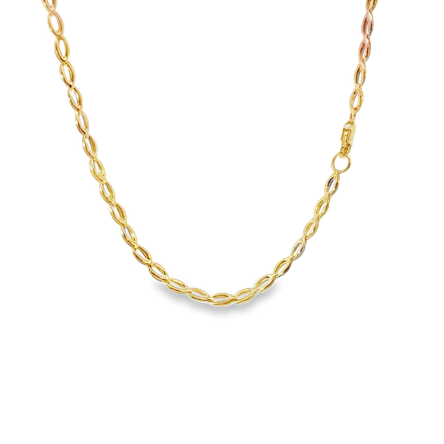 14KT Gold Chain Hollow Tri Tone Fancy Oval Shackle Link with Plain Clasp 3mm