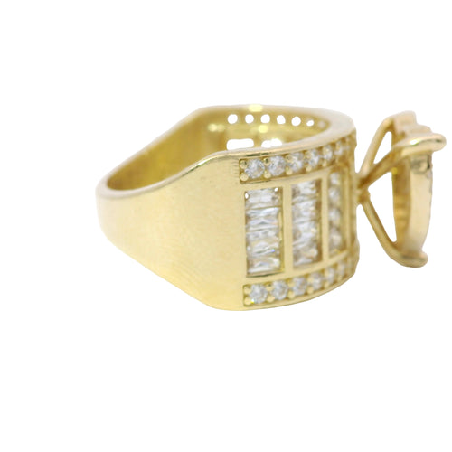 14KT Gold Ring Women's Four Prong Heart White CZ Stones Cluster Center with Plain Outline Border and Eight Sections of Four White CZ Baguette Stones Band