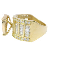 14KT Gold Ring Women's Four Prong Heart White CZ Stones Cluster Center with Plain Outline Border and Eight Sections of Four White CZ Baguette Stones Band