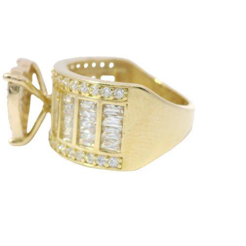 14KT Gold Ring Women's Four Prong Heart White CZ Stones Cluster Center with Plain Outline Border and Eight Sections of Four White CZ Baguette Stones Band