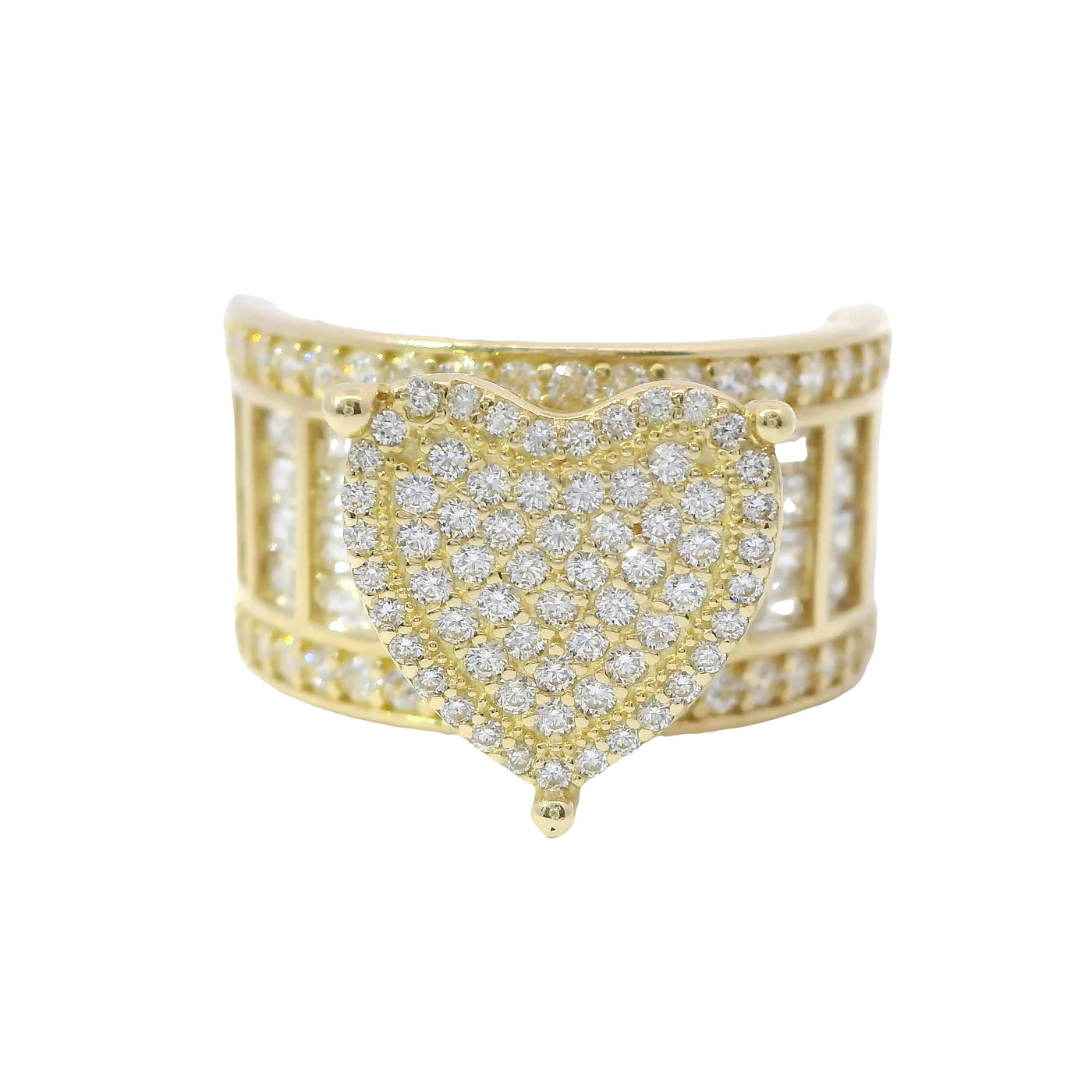 14KT Gold Ring Women's Four Prong Heart White CZ Stones Cluster Center with Plain Outline Border and Eight Sections of Four White CZ Baguette Stones Band