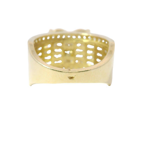 14KT Gold Ring Women's Four Prong Heart White CZ Stones Cluster Center with Plain Outline Border and Eight Sections of Four White CZ Baguette Stones Band