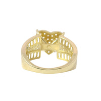 14KT Gold Ring Women's Jumbo Heart Shape White CZ Stones Cluster, Plain Border, and Baguette Chevron with Round White CZ Stones Center on Band