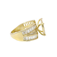 14KT Gold Ring Women's Jumbo Heart Shape White CZ Stones Cluster, Plain Border, and Baguette Chevron with Round White CZ Stones Center on Band