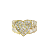 14KT Gold Ring Women's Jumbo Heart Shape White CZ Stones Cluster, Plain Border, and Baguette Chevron with Round White CZ Stones Center on Band