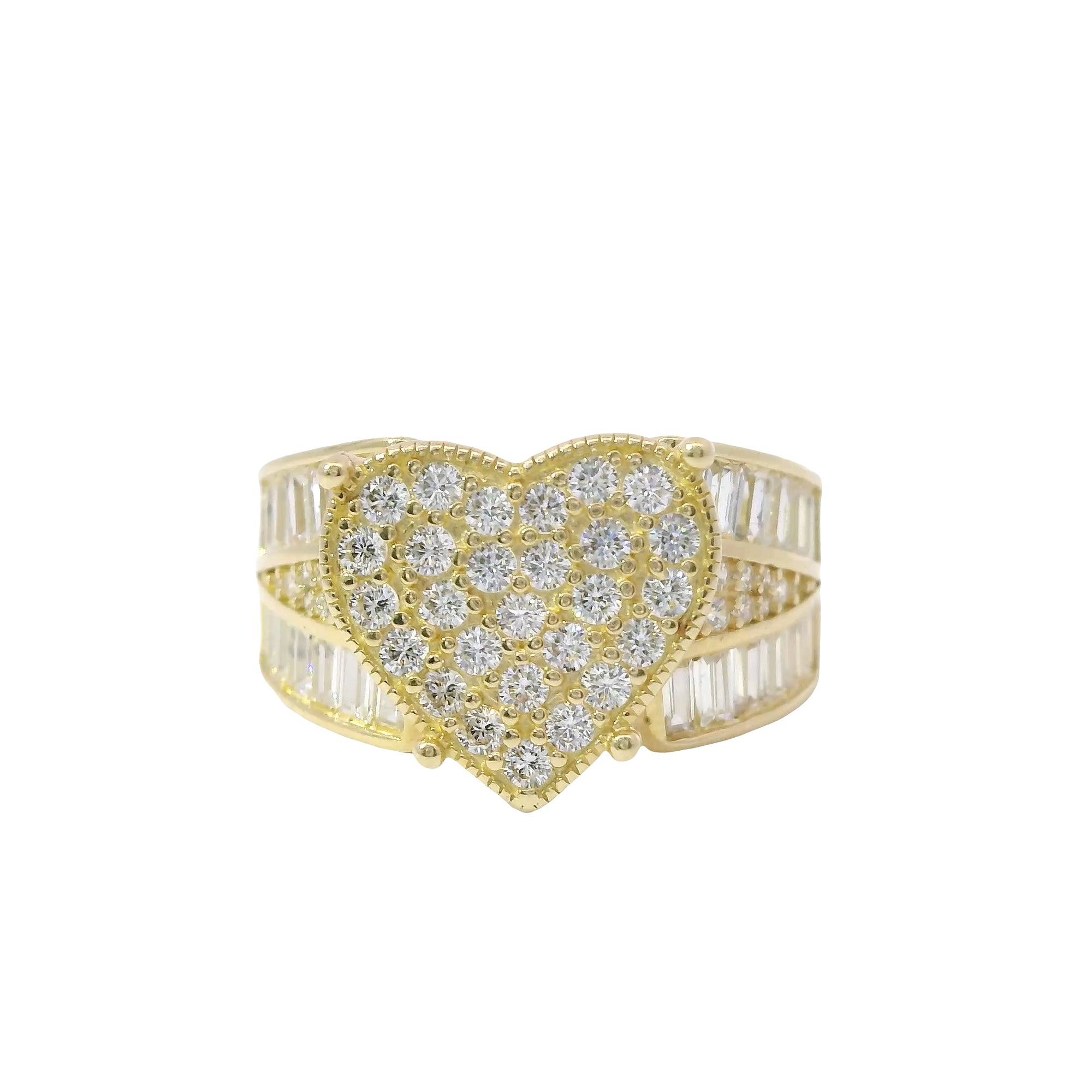 14KT Gold Ring Women's Jumbo Heart Shape White CZ Stones Cluster, Plain Border, and Baguette Chevron with Round White CZ Stones Center on Band