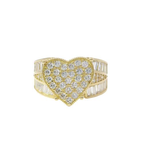 14KT Gold Ring Women's Jumbo Heart Shape White CZ Stones Cluster, Plain Border, and Baguette Chevron with Round White CZ Stones Center on Band