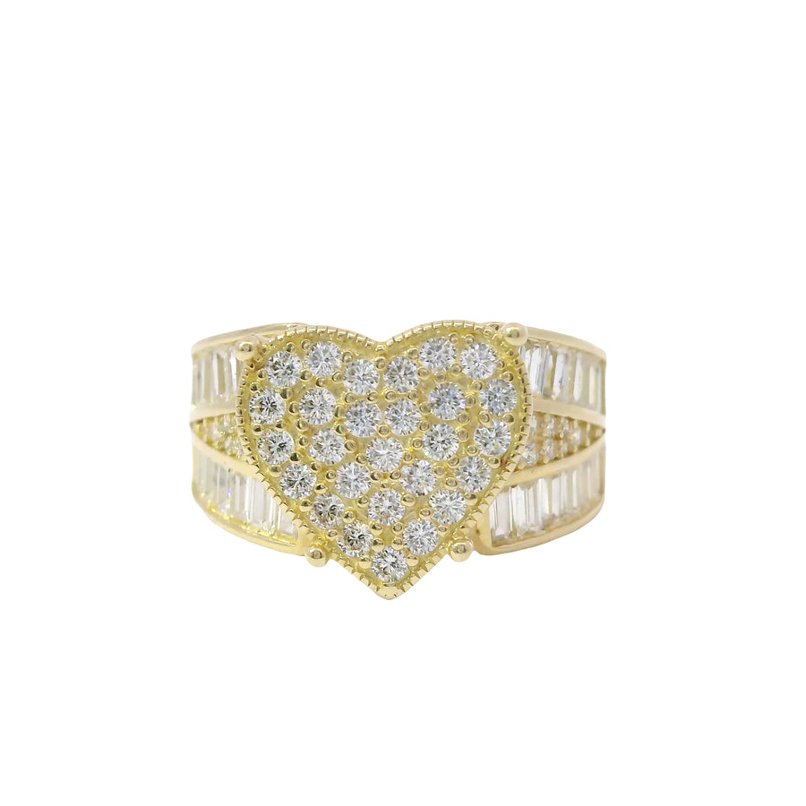 14KT Gold Ring Women's Jumbo Heart Shape White CZ Stones Cluster, Plain Border, and Baguette Chevron with Round White CZ Stones Center on Band