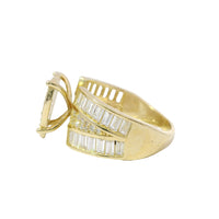 14KT Gold Ring Women's Jumbo Heart Shape White CZ Stones Cluster, Plain Border, and Baguette Chevron with Round White CZ Stones Center on Band