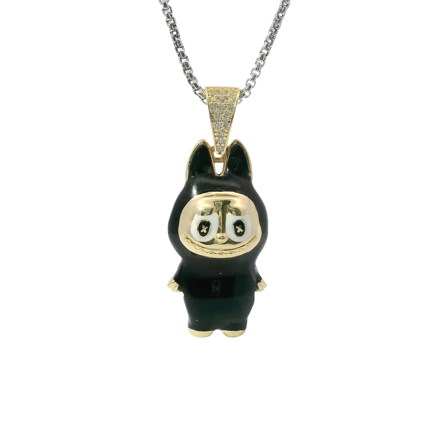 14KT Gold Charm Large 3D Black Enamel LaBuBu Body, White Enamel Eyes, and White CZ Stones Bell