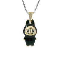 14KT Gold Charm Large 3D Black Enamel LaBuBu Body, White Enamel Eyes, and White CZ Stones Bell