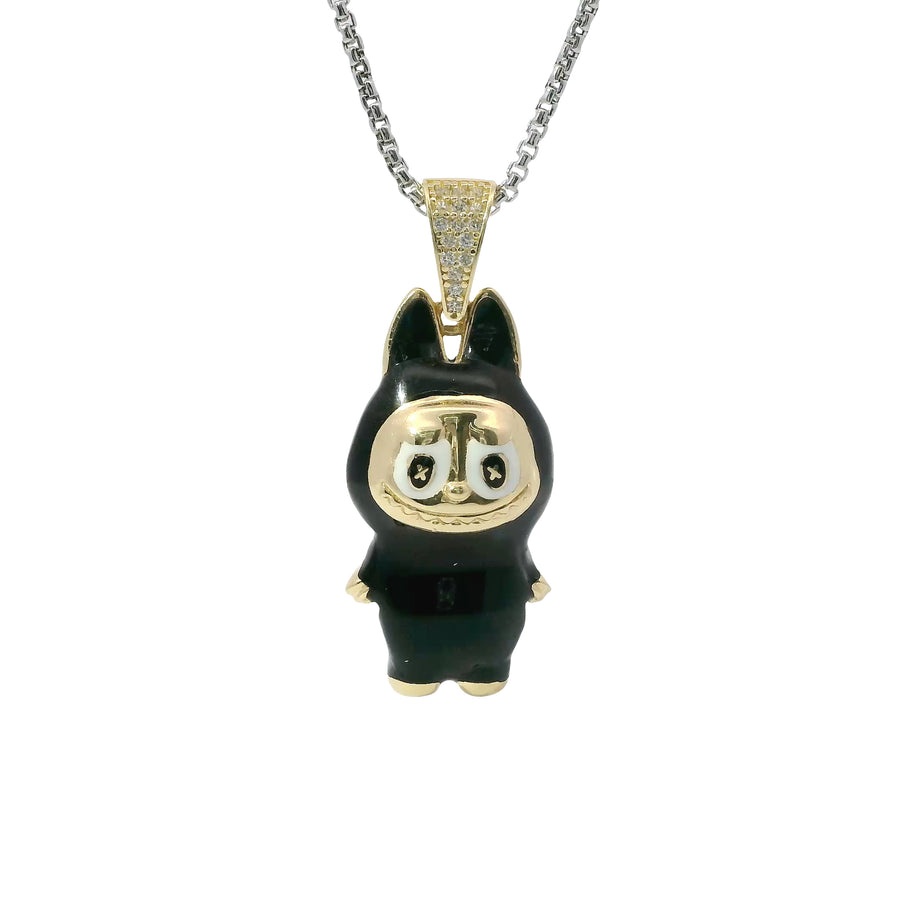 14KT Gold Charm Large 3D Black Enamel LaBuBu Body, White Enamel Eyes, and White CZ Stones Bell