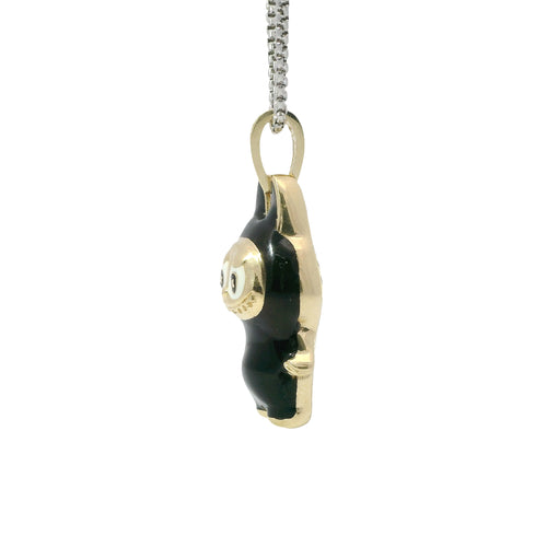 14KT Gold Charm Large 3D Black Enamel LaBuBu Body, White Enamel Eyes, and White CZ Stones Bell