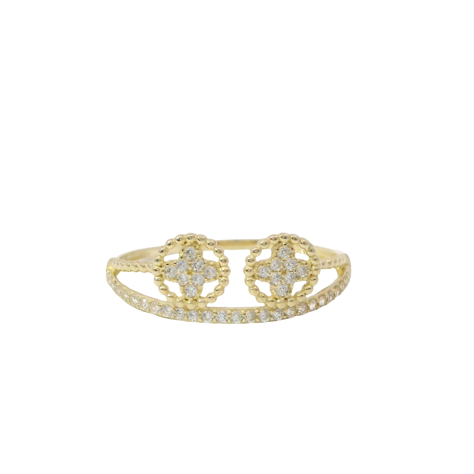 14KT Gold Ring Women's Light Weight Split Double White CZ Stones Clovers Center with Beaded Border and Split White CZ Stones Band
