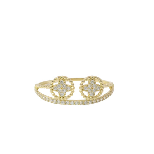 14KT Gold Ring Women's Light Weight Split Double White CZ Stones Clovers Center with Beaded Border and Split White CZ Stones Band