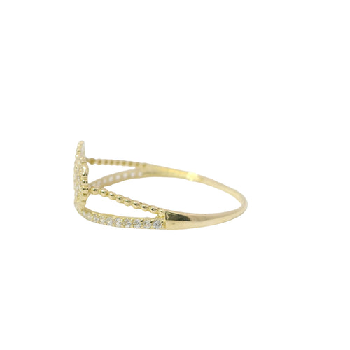 14KT Gold Ring Women's Light Weight Split Double White CZ Stones Clovers Center with Beaded Border and Split White CZ Stones Band