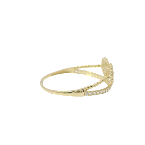 14KT Gold Ring Women's Light Weight Split Double White CZ Stones Clovers Center with Beaded Border and Split White CZ Stones Band