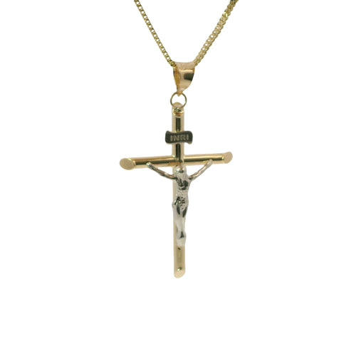 14KT Gold Charm Medium Two Tone Hollow Tube Slant Ends Crucifix Cross with Plain Bell