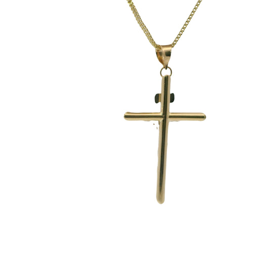 14KT Gold Charm Medium Two Tone Hollow Tube Slant Ends Crucifix Cross with Plain Bell