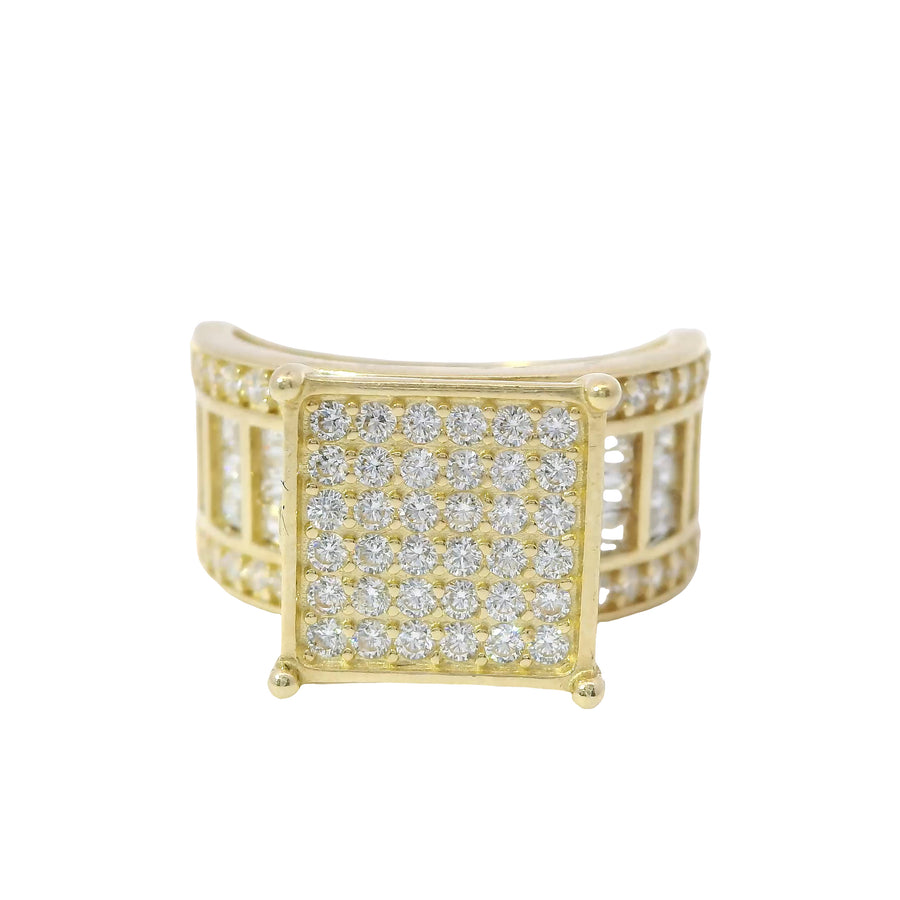 14KT Gold Ring Women's Mini Square Four Prong Six Row White CZ Stones Cluster with Four Sections of Three CZ Baguettes with Round White CZ Stones Border Band
