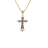 14KT Gold Charm Medium Cross Round Channel Set CZ Stones Center with Spade Shape Open Double Chevron Ends and Plain Bell