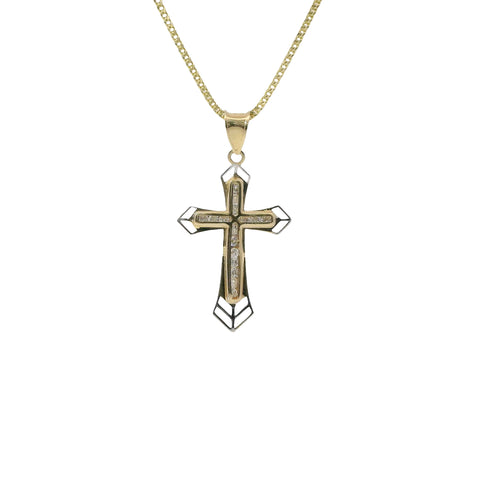 14KT Gold Charm Medium Cross Round Channel Set CZ Stones Center with Spade Shape Open Double Chevron Ends and Plain Bell