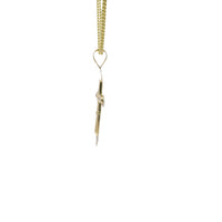 14KT Gold Charm Medium Cross Round Channel Set CZ Stones Center with Spade Shape Open Double Chevron Ends and Plain Bell