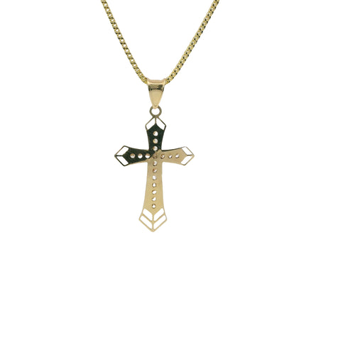 14KT Gold Charm Medium Cross Round Channel Set CZ Stones Center with Spade Shape Open Double Chevron Ends and Plain Bell
