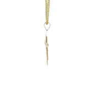 14KT Gold Charm Medium Cross Round Channel Set CZ Stones Center with Spade Shape Open Double Chevron Ends and Plain Bell