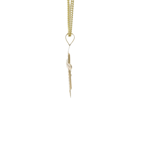 14KT Gold Charm Medium Cross Round Channel Set CZ Stones Center with Spade Shape Open Double Chevron Ends and Plain Bell