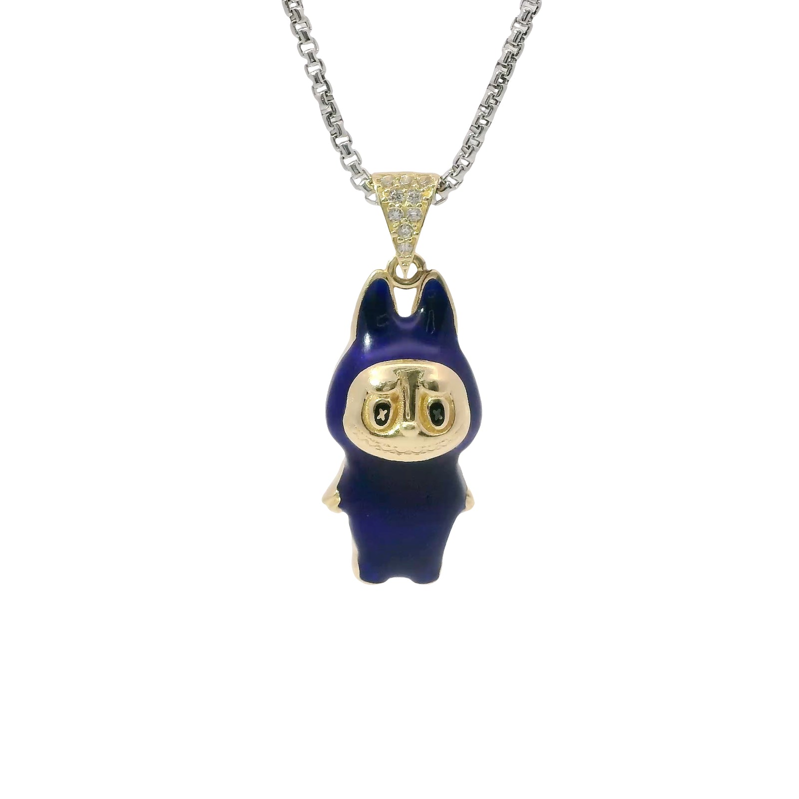 14KT Gold Charm Medium 3D Navy Blue Enamel LaBuBu Body and White CZ Stones Bell