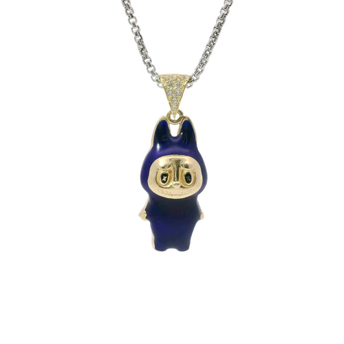 14KT Gold Charm Medium 3D Navy Blue Enamel LaBuBu Body and White CZ Stones Bell