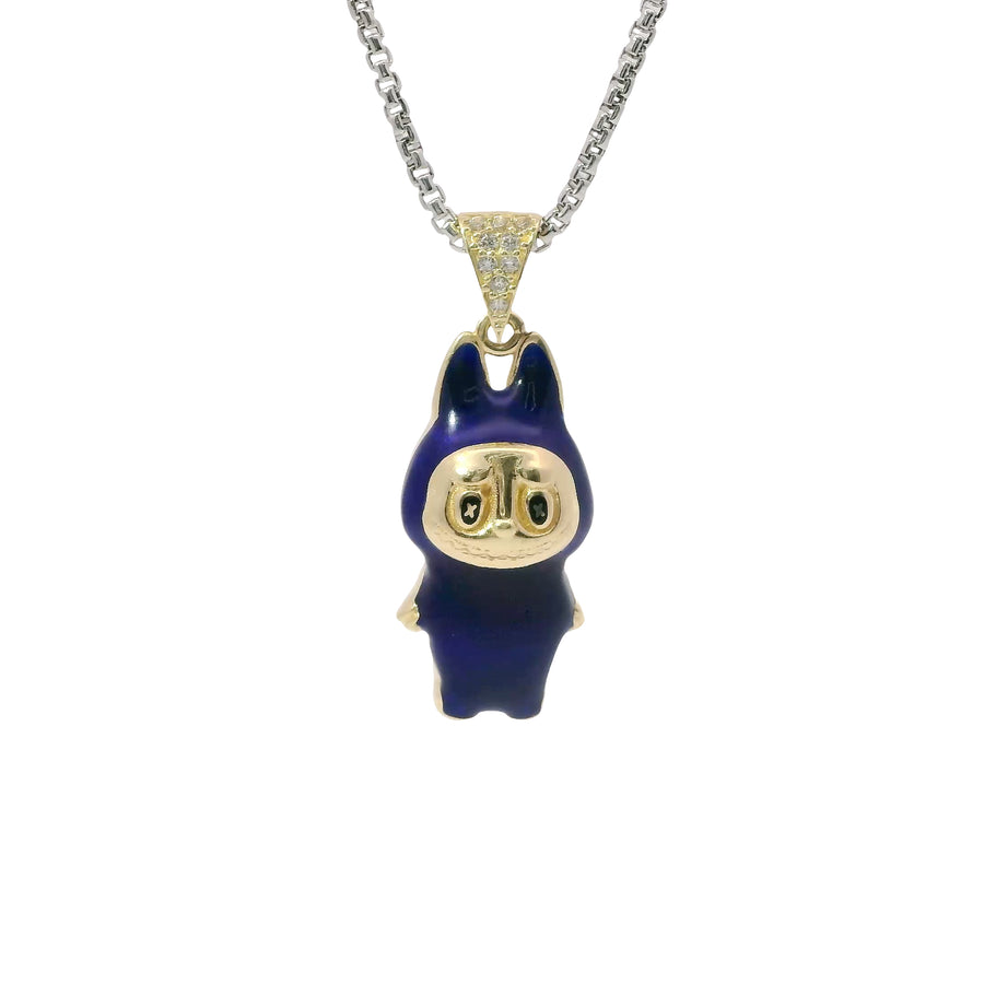 14KT Gold Charm Medium 3D Navy Blue Enamel LaBuBu Body and White CZ Stones Bell