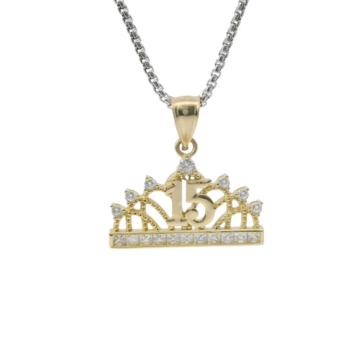 14KT Gold Charm Medium Quincenaera "15" Center Seven White CZ Stones Tiara Top and White CZ Stones Band with Plain Bell