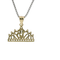 14KT Gold Charm Medium Quincenaera "15" Center Seven White CZ Stones Tiara Top and White CZ Stones Band with Plain Bell