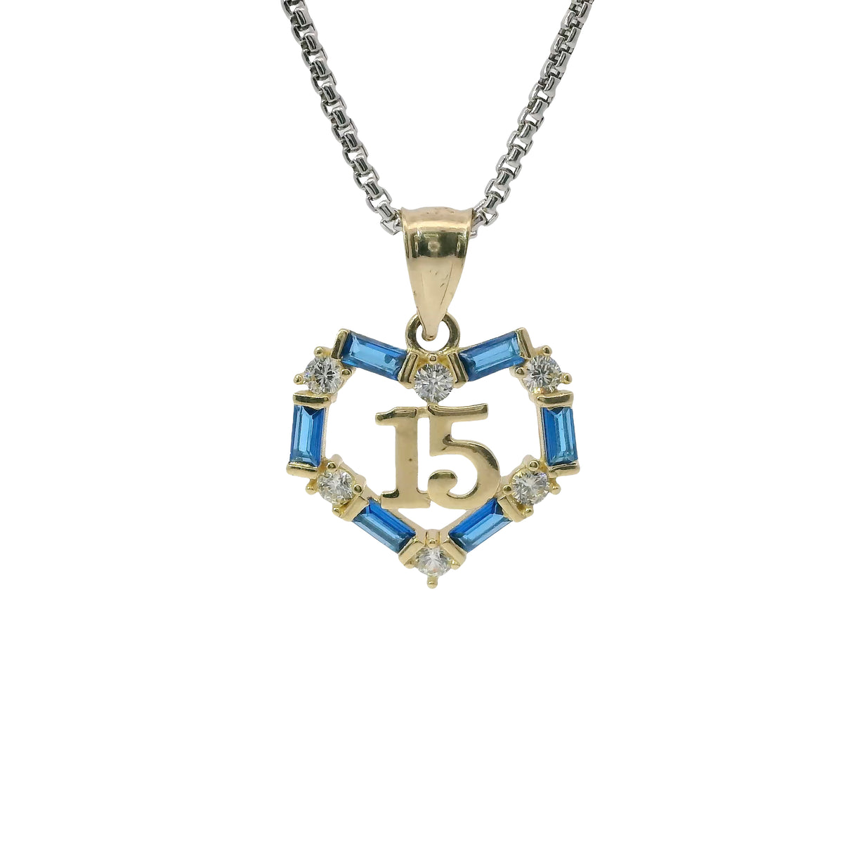 14KT Gold Charm Medium Quinceanera Open Heart with Royal Blue Baguette and White Round CZ Stones Outline with Plain Bell