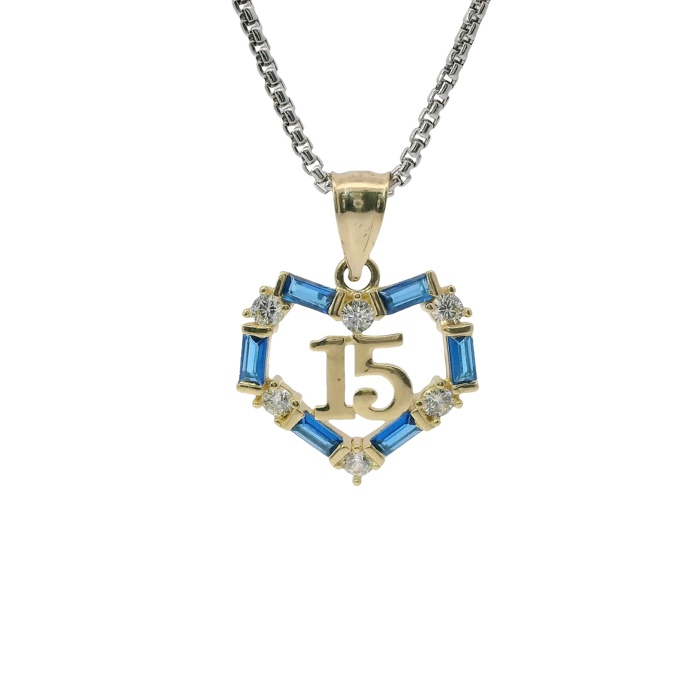 14KT Gold Charm Medium Quinceanera Open Heart with Royal Blue Baguette and White Round CZ Stones Outline with Plain Bell