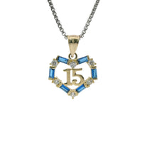 14KT Gold Charm Medium Quinceanera Open Heart with Royal Blue Baguette and White Round CZ Stones Outline with Plain Bell
