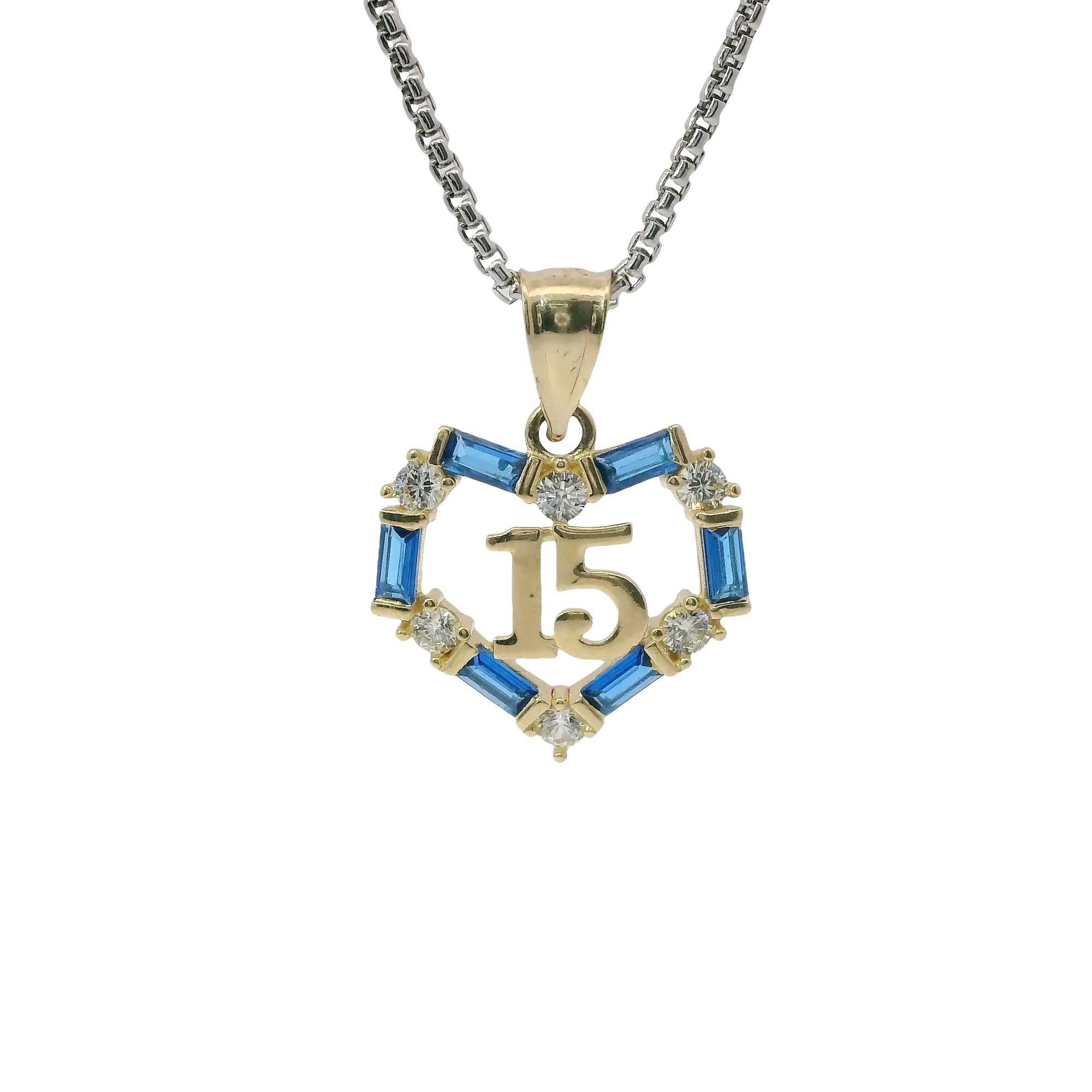 14KT Gold Charm Medium Quinceanera Open Heart with Royal Blue Baguette and White Round CZ Stones Outline with Plain Bell