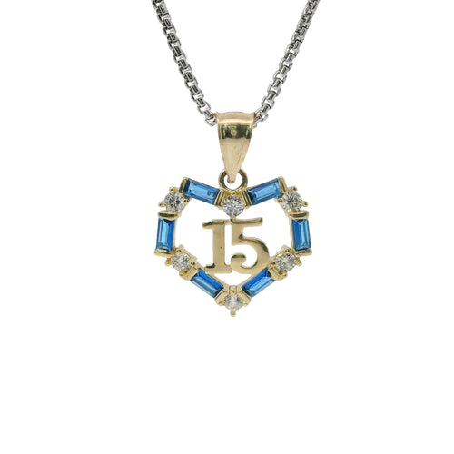 14KT Gold Charm Medium Quinceanera Open Heart with Royal Blue Baguette and White Round CZ Stones Outline with Plain Bell