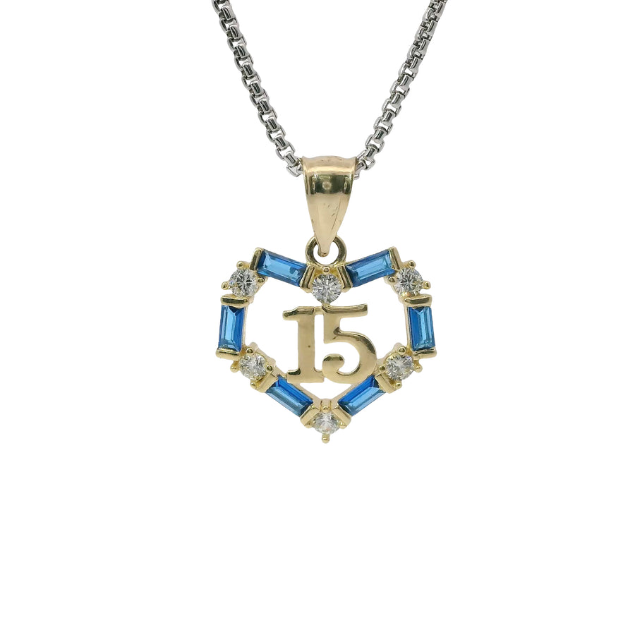 14KT Gold Charm Medium Quinceanera Open Heart with Royal Blue Baguette and White Round CZ Stones Outline with Plain Bell