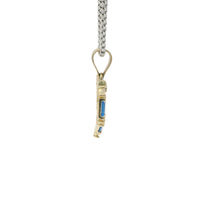 14KT Gold Charm Medium Quinceanera Open Heart with Royal Blue Baguette and White Round CZ Stones Outline with Plain Bell