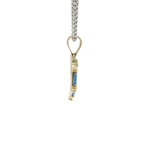 14KT Gold Charm Medium Quinceanera Open Heart with Royal Blue Baguette and White Round CZ Stones Outline with Plain Bell
