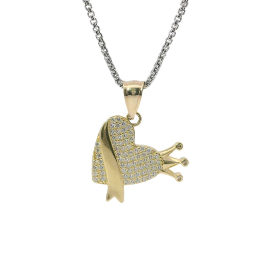 14KT Gold Charm Medium White CZ Stones Heart with Plain Crown, Sash and Bell